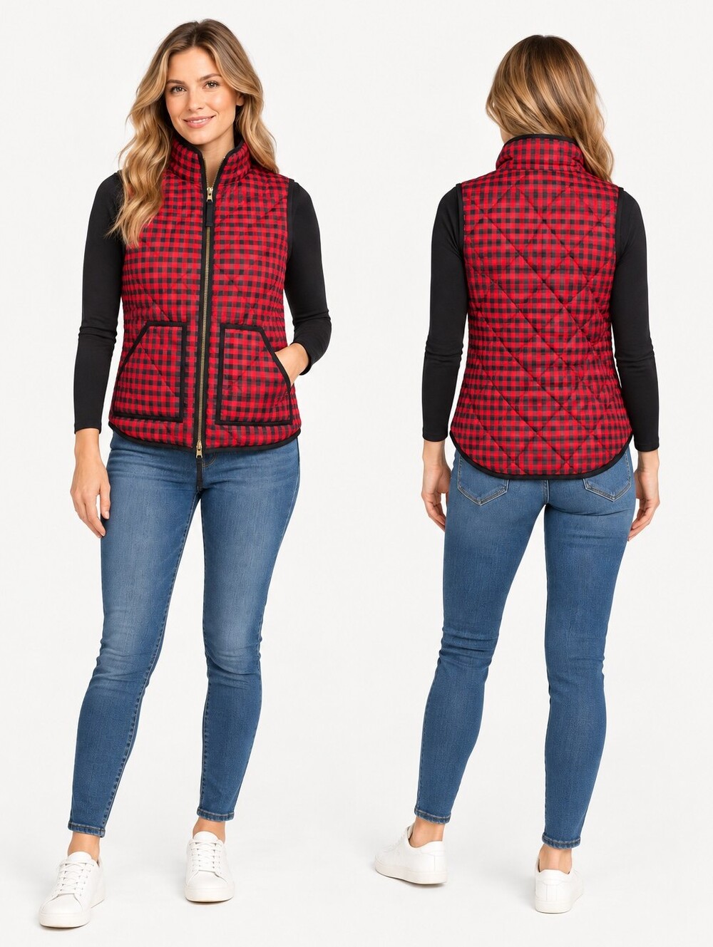J.Crew XXS Red Black Gingham Plaid Quilted Puffer Vest Full Zip Preppy Patch